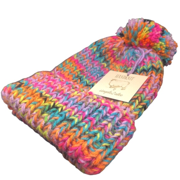 Pink Rainbow Bright Multi Color Double Strand Chunky Beanie with Pom Pom